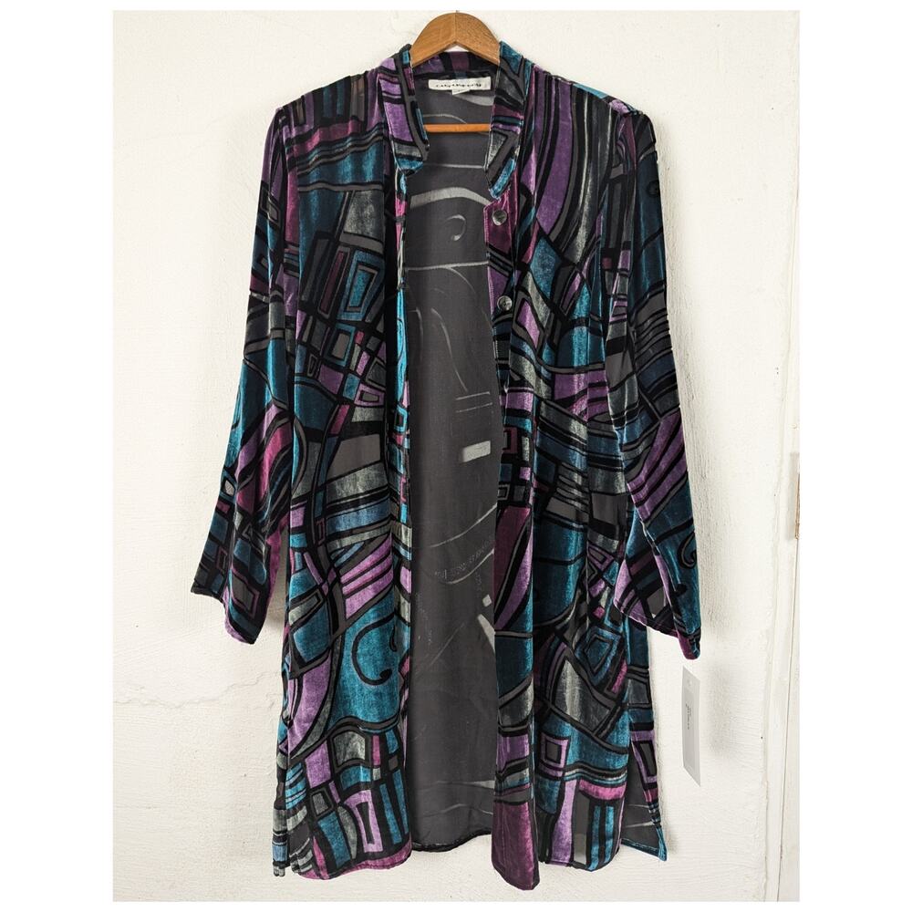 Vtg Caroline Rose Silk Velvet Kimono Midi Womens Medium Burnout Multicolor Witch